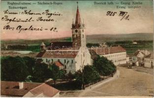 1925 Szászrégen, Reghin; Evangélikus templom. Vasúti levelezőlapárusítás 2398. / Lutheran church (r)