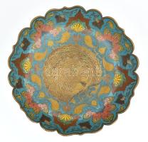 Pávás kínáló, gyümölcsös tál. Zománc festett réz. d: 28 cm