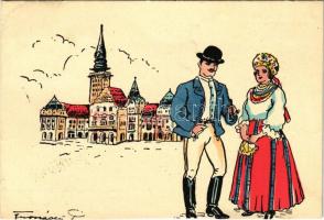 1937 Szabadka, Subotica; Városháza, a vidék népviselete. Kiadja a Délvidéki Egyetemi és Főiskolai Hallgatók Egyesülete / town hall, traditional costumes, folklore, irredenta art postcard s: Tusnády (vágott / cut)