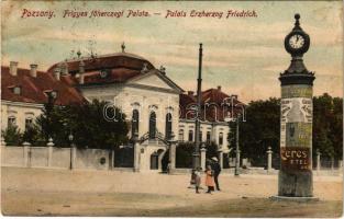 1908 Pozsony, Pressburg, Bratislava; Frigyes Főherceg palota, hirdetőoszlop órával. Kaufmann's Bediene dich allein / Erzherzog Friedrich Palais / palace, advertising column with clock (EK)