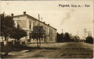 Poprád (Tátra, Magas-Tátra, Vysoké Tatry); Payer G.-féle Nemzeti szálloda, villamos Tátralomnic felé. Feitzinger kiadása Teschenben 1915. / Hotel National, tram (fl)