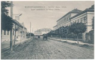 Marosvásárhely, Targu Mures; Sándor János utca, Ipari szakiskola és leány iskola. Porjes S. Sándor kiadása / street, shools