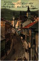 1908 Selmecbánya, Banská Stiavnica; Deák Ferenc utca, piac, szálloda. Joerges kiadása 1908. / street view, market, hotel (EB)