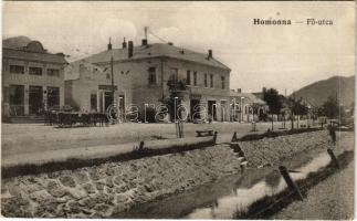 1915 Homonna, Homenau, Humenné; Fő utca, gyógyszertár, Klein Dávid és fia üzlete. Waller Mór kiadása / main street, pharmacy, shops (EK)