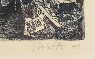 Szabó András (1951-): A bölcs, 1979. Rézkarc, papír. Jelzett. Próba 2 (próbanyomat). Üvegezett faker...