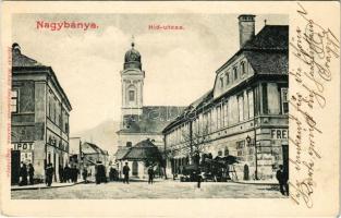 1902 Nagybánya, Baia Mare; Híd utca, Szegedy Kálmán üzlete, Singer Jakab bőrraktára, Kávéház és étterem. Molnár Mihály kiadása / street, shops, cafe and restaurant