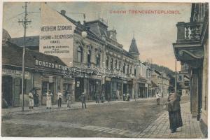 1914 Trencsénteplic, Trencianske Teplice; utca, Café Stefánia kávéház, borozó, Rosenfeld, Schlesinger Vilmos, Wertheim Zsigmond üzlete és saját kiadása / street view, café, wine hall, publisher&#039;s shop (r)