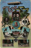 Szczecin, Stettin; Viribus Unitis, Franz Joseph I of Austria and Wilhelm II German Emperor, Paul von Hindenburg, Zeppelin airship, coat of arms, multi-view postcards. Siegmund Weil No. 11284. Art Nouveau (gyűrődések / creases)