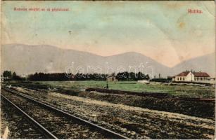 1915 Ruttka, Vrútky; Kolónia részlet az új gépházzal, vasútvonal. Felvidéki Magyarság nyomda kiadása / colony, powerhouse, railway line (Rb)