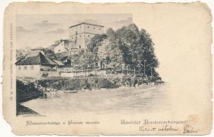 1902 Besztercebánya, Banská Bystrica; Mészáros bástya a Garam mentén. Sonnenfeld Mór kiadása / bastion tower, Hron riverside + "ZÓLYOM-BREZO - ZÓLYOM 97. SZ." vasúti mozgóposta bélyegző (b)