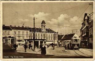 Eszék, Essegg, Osijek; Trg Kralja Petra / tér, villamosok, üzletek / square, trams, shops (fa)