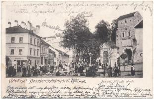 1903 Besztercebánya, Banská Bystrica; részlet a Mátyás térről, Reisz Miksa, Steiner B. üzlete, piac / square, market, shops (fl)