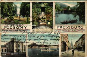 Pozsony, Pressburg, Bratislava; Ligeti díszkert, Mária Lourdes, Vaskutacska, vasútállomás, Dunai látkép, vár, Mihály kapu utca / park, spa, railway station, general view, castle, street view. Art Nouveau (b)