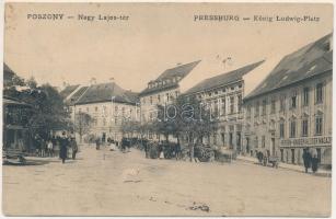 1914 Pozsony, Pressburg, Bratislava; Nagy Lajos tér, piac, villamos, üzletek / square, market, tram, shops (b)