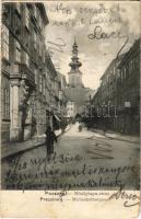 1904 Pozsony, Pressburg, Bratislava; Mihálykapu utca, üzletek / Michaelerthorgasse / street view, shops (EM)