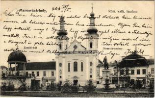 1906 Marosvásárhely, Targu Mures; Római katolikus templom, Zenélő kút, Kossuth szobor, gyógyszertár, Schuster Ödön és Grösszel üzlete, Önkéntes tűzoltó egylet őrtanyája, Benkő Elek és Lukács János üzlete / church, well, statue, pharmacy, shops