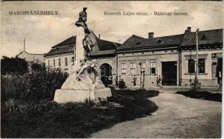 1912 Marosvásárhely, Targu Mures; Kossuth Lajos utca, Rákóczi szobor, üzletek. Porjes S. Sándor kiadása / street view, statue, shops (r)