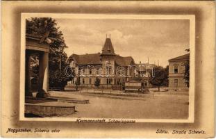 1914 Nagyszeben, Hermannstadt, Sibiu; Schewisgasse / Schevis utca, villamos / Strada Schewis / street view, tram (EK)