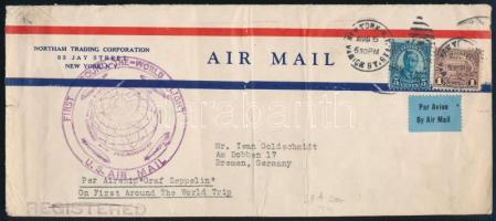 1929 Zeppelin 1. világ körüli útja ajánlott levél New Yorkból Németországba / Zeppelin 1st around the world trip flight registered cover from New York to Germany