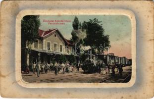 Antalfalva, Kovacica; vasútállomás, gőzmozdony, vonat / railway station, locomotive, train (fl)