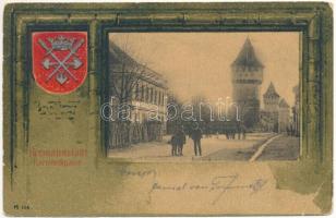 1902 Nagyszeben, Hermannstadt, Sibiu; Harteneckgassel / utca és torony. Carl F. Jickeli kiadása. Szecessziós címeres litho keret / street and towers. Art Nouveau, coat of arms, litho frame (EB)