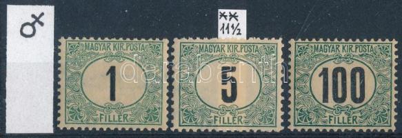 1903 3 db Zöldportó A2 vízjelállással; 1f és 100f A fogazattal, míg az 5f B fogazattal (66.000)