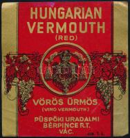 Hungarian Vermuth Red Vörös Ürmös Püspöki Uradalmi Bérpince Rt. Vác borcímke