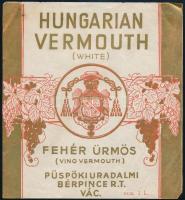 Hungarian Vermuth Red Fehér Ürmös Püspöki Uradalmi Bérpince Rt. Vác borcímke