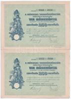 Mándok 1927. "Mándoki Takarékpénztár Részvénytársaság" tíz részvénye egyenként 20P-ről, összesen 200P-ről (2x) sorszámkövetők T:XF foltok