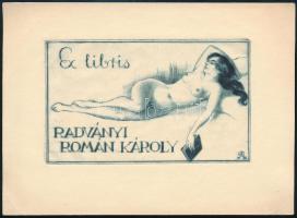 Bajor Ágost (1892-1958): Ex libris Radványi Román Károly, erotikus rézkarc, papír, jelzett, 7×11 cm