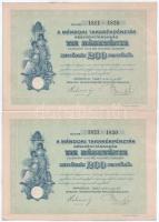 1927. Mándok "Mándoki Takarékpénztár Részvénytársaság" tíz részvénye egyenként 20P-ről, összesen 200P-ről (2x) sorszámkövetők T:XF,VF foltok