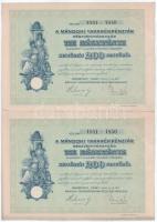 Mándok 1927. "Mándoki Takarékpénztár Részvénytársaság" tíz részvénye egyenként 20P-ről, összesen 200P-ről (2x) sorszámkövetők T:XF,VF foltok