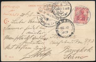 1909 Tengeri posta képeslap Egyiptomból Bangkokba / Sea mail postcard from Egypt to Bangkok