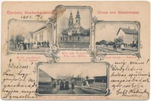 1903 Sándorháza, Sandra; M. kir. postahivatal, Római katolikus templom, vasútállomás, Assmann fakereskedése / K. ung. Postamt, Röm. kath. Kirche, Bahnhof, Assmann&#039;sche Holzhandlung / post office, Catholic church, railway station, lumber yard, wood shop. Art Nouveau, floral (fl)