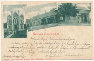 1899 (Vorläufer) Székelyhíd, Sacueni; zsinagóga, Kiss Márton, Haupt Mór üzlete. Helyfi László kiadása, kapható Benkő Kálmánnál / synagogue, shops (EK)