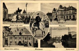 1941 Kolozsvár, Cluj; Horthy Miklós, Mátyás király szobra és szülőháza, vasútállomás, Szamos / Horthy, monument and birth house of Matthias Corvinus, railway station, Somes river (EK)