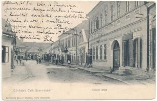 1905 Csíkszereda, Miercurea Ciuc; Kossuth utca, gyógyszertár, üzletek. Szvoboda József kiadása / street view, pharmacy, shops (b)