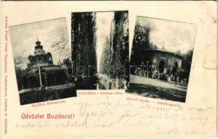 1900 Buziás, Étterem pavilon, Árok fasor, József forrás. Kossak József fényképész / Restaurant Pavilion, promenade, mineral water spring (szakadás / tear)