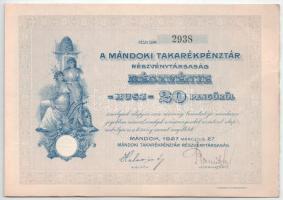 Mándok 1927. "Mándoki Takarékpénztár Részvénytársaság" részvénye 20P-ről (5x) sorszámkövet...