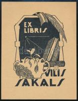 O. Kiks jelzéssel: Ex libris Vilis Sakals, klisé, papír, jelzés nélkül, 9×7 cm