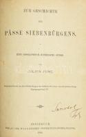 Julius Jung: Zur Geschichte der Pässe Siebenbürgens. Innsbruck, 1892, Verlag der Wagnerschen Universitätss-Buchhandlung, 31 p. Német nyelven. Az elülső borítón: Szerzőtől bejegyzéssel. Átkötött félvászon-kötés, bekötött borítókkal, 3 kijáró lappal, néhány bejelöléssel.