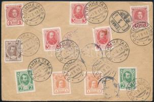 1913 Ajánlott levél Kínába 10 db bélyeggel bérmentesítve / Registered cover with 10 stamps franking to China