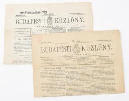 1878-1892 Budapesti Közlöny 2 db száma, 1878. febr. 14. és 1892. okt. 23. (a kolerajárvány idejéből, Fertőtlenitve! felirattal), kis lapszéli sérülésekkel