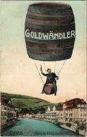 1925 Baden, Goldwändler, Hotel und Bäder a.d. Limmat. X. Höchli-Frey / Drunk man in hot air balloon with wine barrels, montage + BAHNPOST AMBULANT