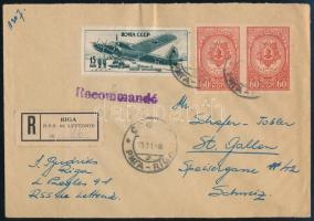 1948 Ajánlott levél 3 bélyeggel Svájcba, közte vágott pár / Registered cover to Switzerland