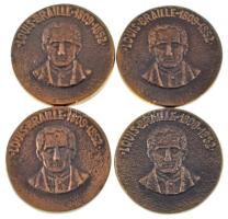 ~1990. &quot;Louis Braille 1809-1852&quot; kétoldalas bronz emlékérem (4x) (35mm) T:AU ~1990. &quot;Louis Braille 1809-1852&quot; two-sided bronze commemorative medallion (4x) (35mm) C:AU