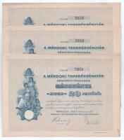 Mándok 1927. "Mándoki Takarékpénztár Részvénytársaság" részvénye 20P-ről (3x) sorszámkövetők, szárazpecséttel, szelvényekkel T:XF