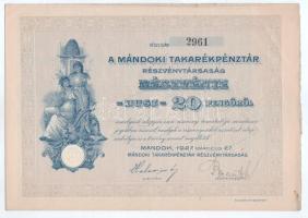 Mándok 1927. "Mándoki Takarékpénztár Részvénytársaság" részvénye 20P-ről (3x) sorszámkövet...