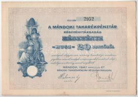 Mándok 1927. "Mándoki Takarékpénztár Részvénytársaság" részvénye 20P-ről (3x), közte sorsz...