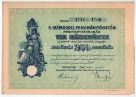 1927. Mándok "Mándoki Takarékpénztár Részvénytársaság" tíz részvénye egyenként 20P-ről, ös...
